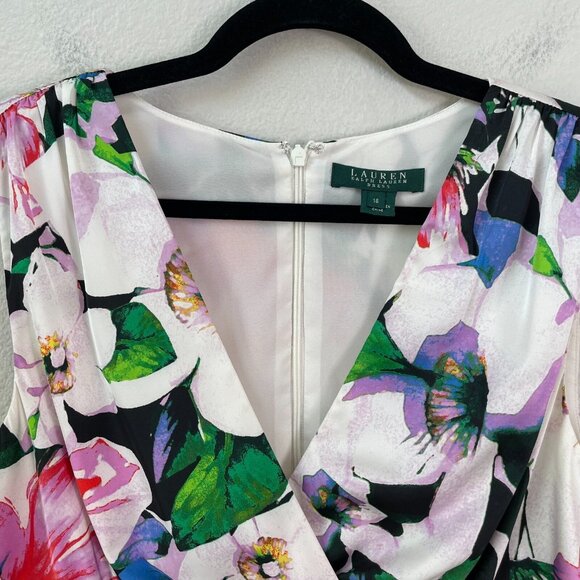 Ralph Lauren Womens Plus 16 Floral Satin Sheath Dress Sleeveless V Neck Cocktail - Picture 3 of 9